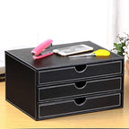 RHCSZ High-end PU Leather Desk Organizer File Cabinet Executive Office Supplies Desktop Filing A4 File Cabinet Stackable Storage Organizer Box with 3 Drawers (Black)…