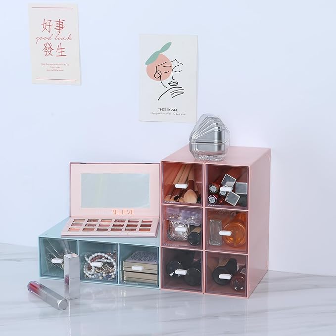 OSteed Desktop Drawers, Desk Organizer with 6 Drawers, Stackable Plastic Storage Box for Home Collection, Cosmetics, Jewelry, Office Supplies (2 Tall Layers, Pink)