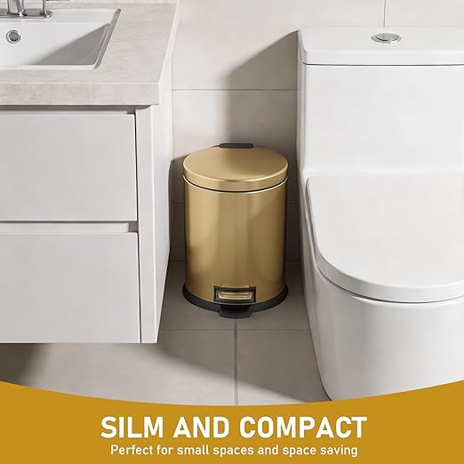 SIMPLYKLEEN Bathroom Trash Can with Lid - 2PC Oval Small Trash Can with Soft-Close Lid, Foot Pedal, Brushed Stainless Steel, Removable Liner, Garbage can for Kitchen, Office, Home Gold
