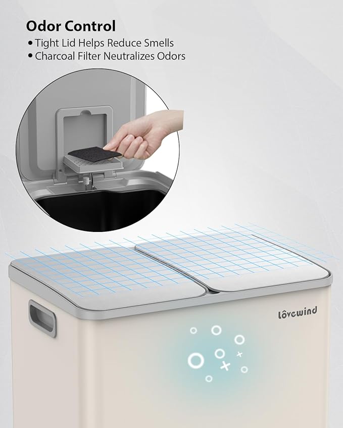 Lovewind Kitchen Trash Can, 2 x 8 Gallon (2 x 30 L) Stainless Steel Trash and Recycle Bin Combo with Soft-Close Lid, Dual Compartment Recycling Kitchen Step Trash Bin, Apricot
