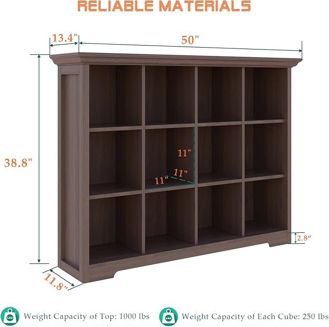 OSCHF Cube Shelf Bookcase with Base - Wooden 3 Tiers Floor Standing Low Storage Cabinet for Home and Office, 12-Cube Lattice Bookshelf, Walnut