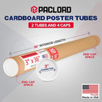 Paclord 3" x 36" Heavy-Duty Reinforced Cardboard Mailing Tube, Pack of 2 Tubes with 4 Caps – Secure USPS Approved – Great for Shipping and Storing of Prints, Artwork, Posters or Documents