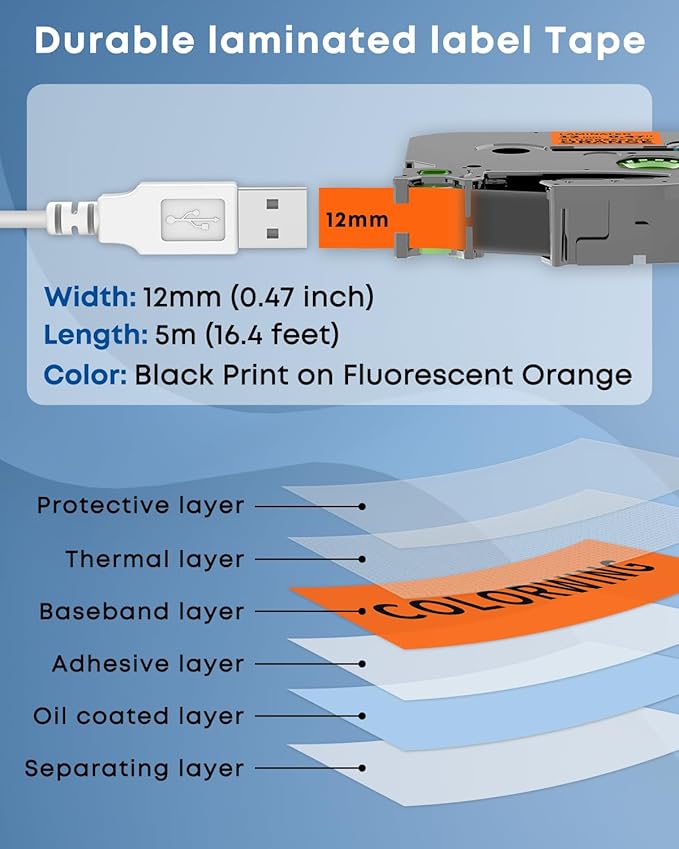 COLORWING TZe-B31 Black on Orange Fluorescent Label Maker Tape 12mm 0.47'' Compatible with Brother P Touch Label Tape for Brother Ptouch PT-D210 D220 H110 1280 D600 Cube Refills, 3-Pack