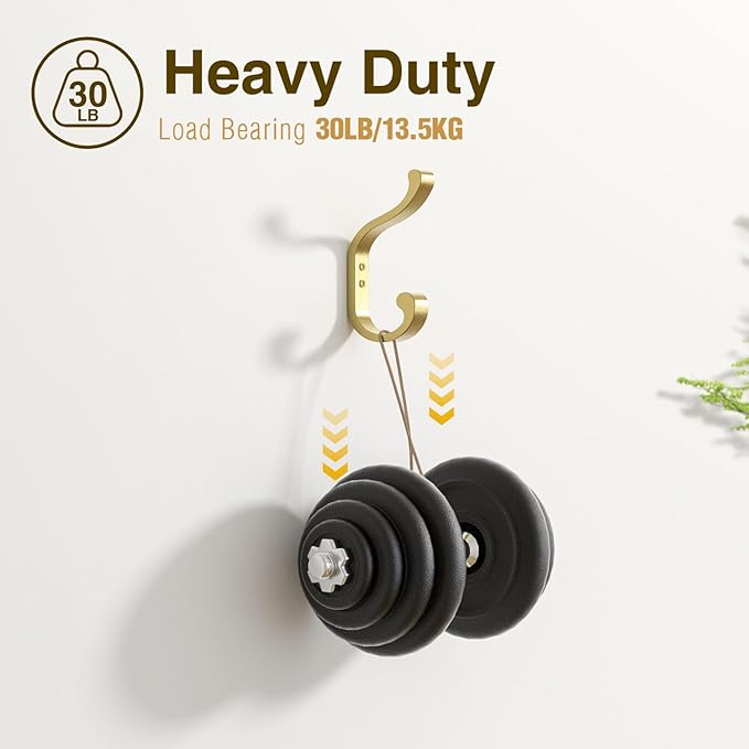 Gold Wall Hooks for Hanging Coats: Metal Mount - Large Heavy Duty (30 Lb) - Screw In - Mudroom for Clothes, Backpack, Purse, Bathroom Towel, 6 Pack