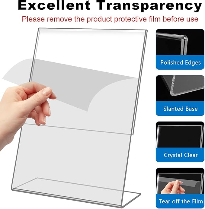 DESONAUT 8 Pack Slant Back Acrylic Sign Holder 5x7 inches, Clear Plastic Picture Frames, Desktop Tabletop Flyer Menu Holder Document Holder Paper Display Stand（Vertical）