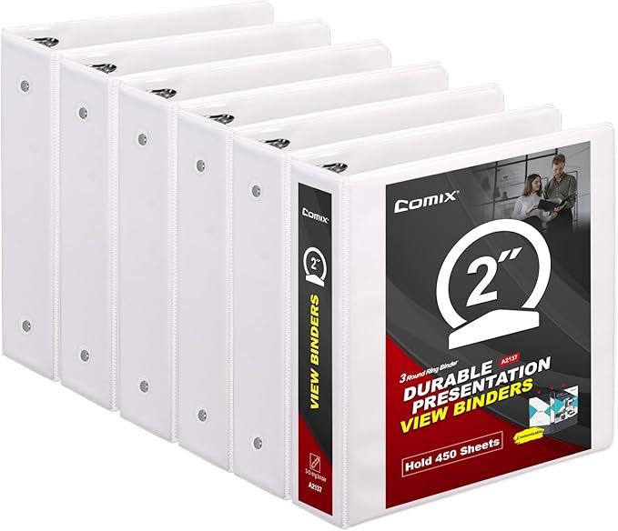 Comix Sturdy 3 Ring Binder 2 inch with Clear View Cover, 2" Round Ring View Binder, PVC-Free, 2.4mm-Thick, 450 Sheets Capacity of US Letter Size Paper, Office ＆ School Supplies, Pack of 6 (White)