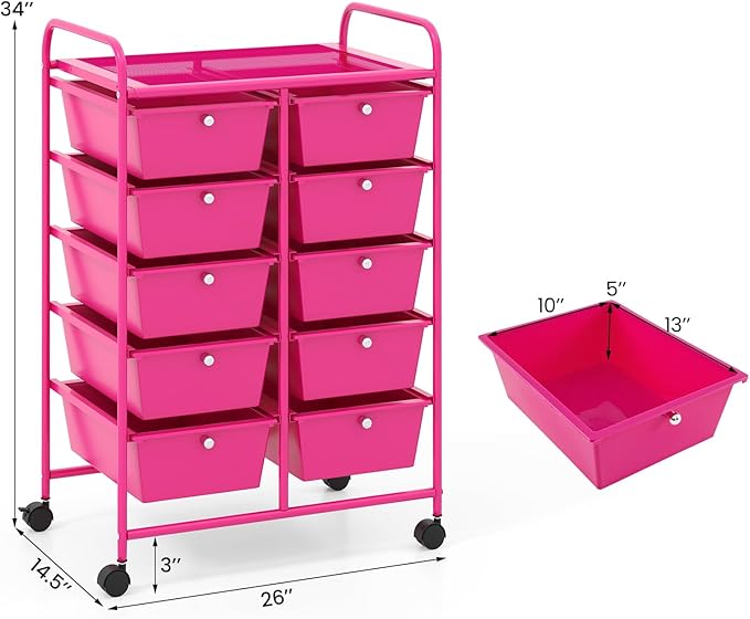 GLACER 10 Drawer Rolling Cart, Storage Cart with Lockable Whieels & Metal Frame, Trolley for Art Craft Oganizer, Mobile Utility Cart for Office, School, Classroom, Kitchen (Hot Pink)