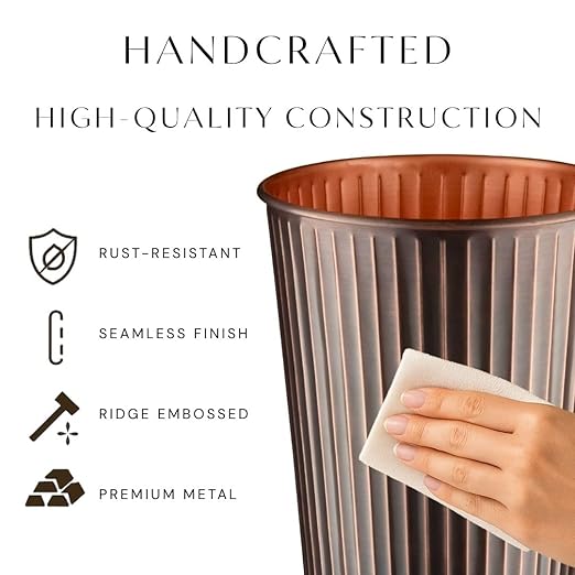 Monarch Abode Metal Bathroom Trash Can – Waste Basket for Bedroom, Office Desk, & Dorm, Handcrafted Ridge Embossed, Durable Decorative Antique Copper Small Trash Can Bathroom Garbage Bin Wastebasket