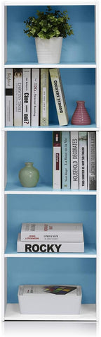 Furinno LUDER Book Shelf, 5-Cube Bookshelf, Bookcase with Open Shelf, 9.4 x 15.8 x 52, for Living Room, Bedroom, Home Office, White/Light Blue