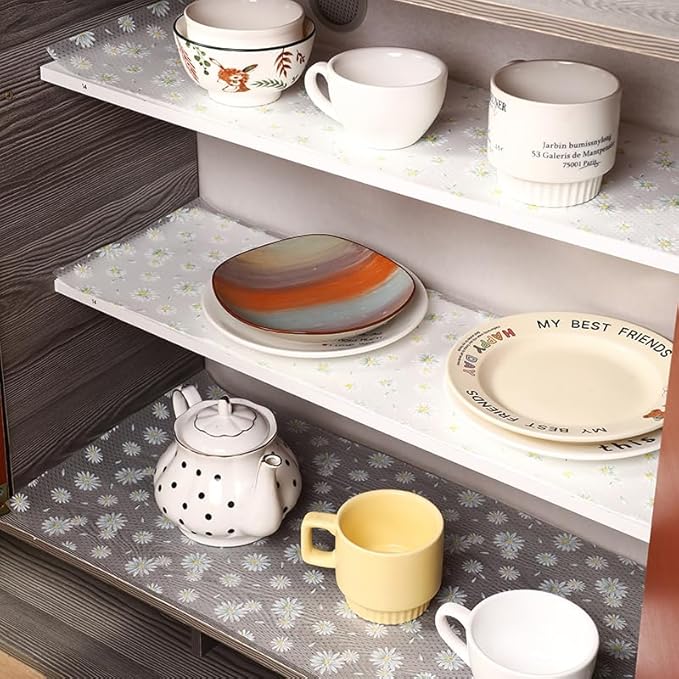 Daisy Flower Shelf Liner for Kitchen Cabinets, Non-Adhesive Drawer Liners, Non-Slip Refrigerator Mat, Washable EVA Cabinet Liner for Pantry, Fridge, Closet, Cupboard, 12" x 20 FT