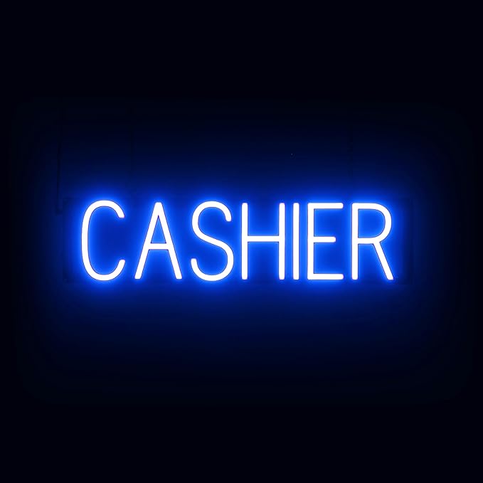 SpellBrite CASHIER Sign | Directional Sign with Neon Look, Blue LED Light Source | 25.4" x 6.3"