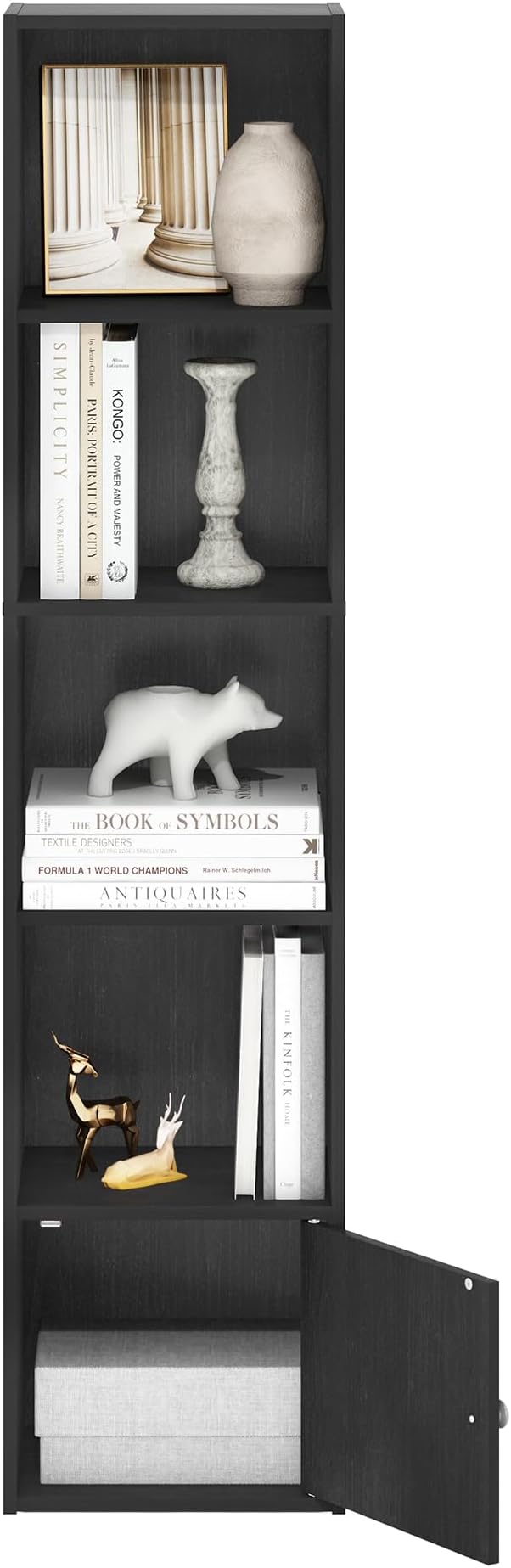 Furinno LUDER Book Shelf, 5-Tier Modern Bookshelf, Bookcase with 1 Door Storage Cabinet, 9.3 x 12 x 52, for Living Room, Bedroom, Home Office, Blackwood