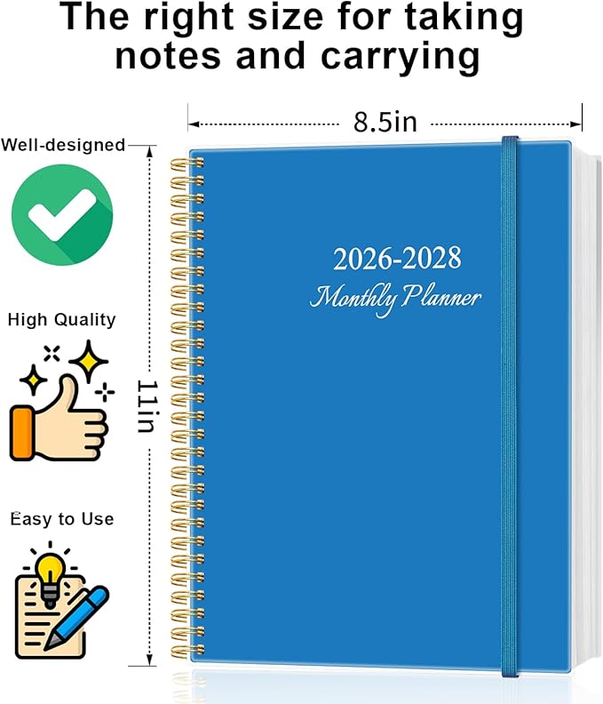 2026-2028 Monthly Planner, Three Years Calendar from January 2026 - December 2028 with Spiral Binding, Inner Pocket, Elastic Closure, 38 Month Planner for Home | School | Office, 8.5" x 11", Blue