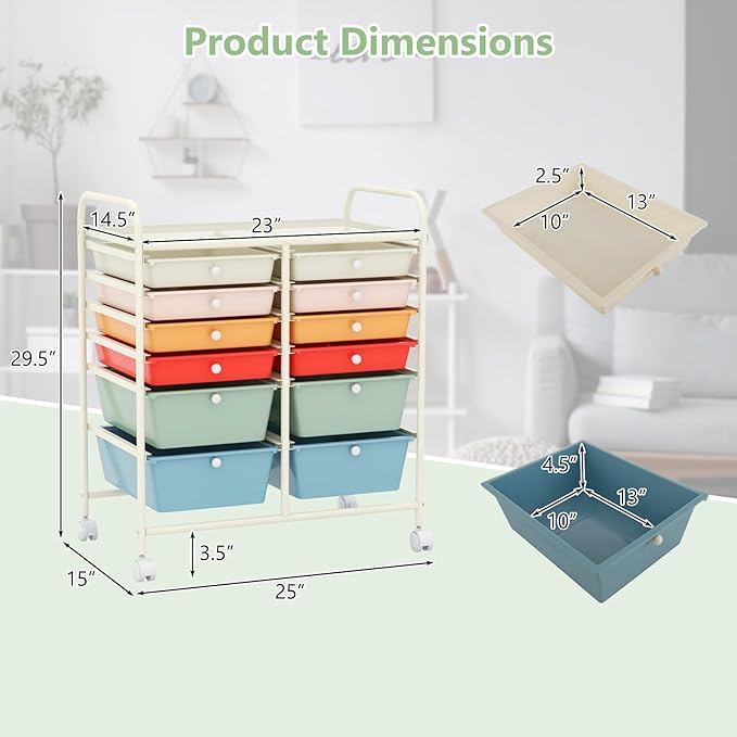 Happygrill 12-Drawer Rolling Storage Cart, Multipurpose Organizer Cart for Home Office School, Utility Cart with Wheels (Macaron)