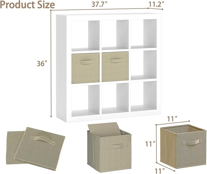 Bookshelf with Storage Bins, 9-Cube Storage Organizer Sturdy Wooden Bookcase Open Book Shelf, Multifunctional Cubicle Rack for Storages & Display, Furniture for Living Room Bedroom Office, White