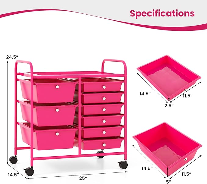 LDAILY 9 Drawer Rolling Storage Cart, Rolling Cart with Drawers for Classroom, Art Supply Craft Organizer on Wheel with Metal Frame & Handles for Home Office School