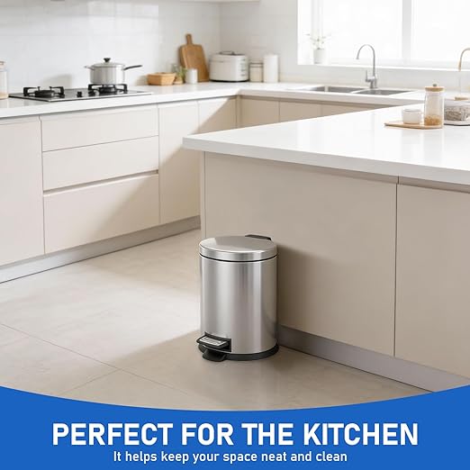 SIMPLYKLEEN Bathroom Trash Can with Lid - 2PC Oval Small Trash Can with Soft-Close Lid, Foot Pedal, Brushed Stainless Steel, Removable Liner, Garbage can for Kitchen, Office, Home Silver