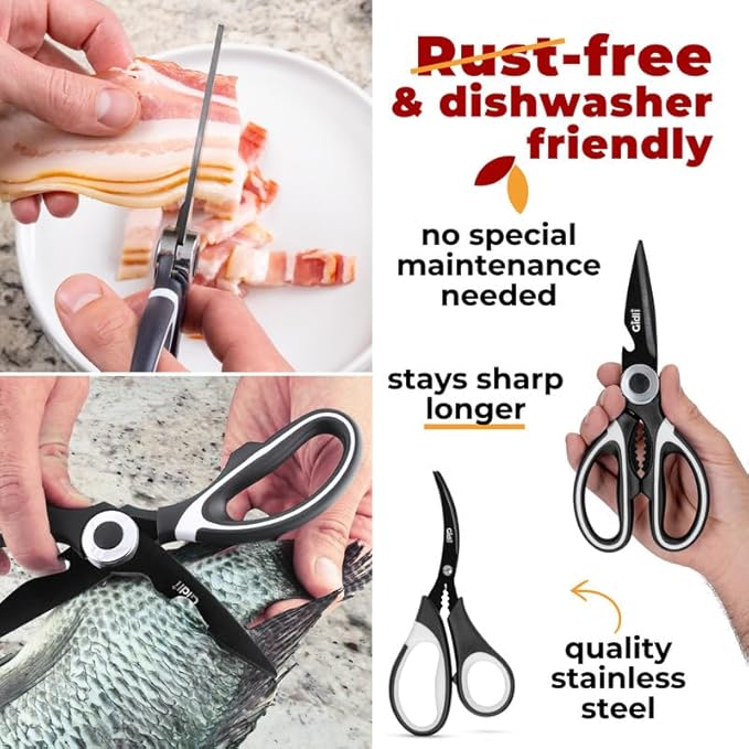 Titanium Coated Kitchen Shears by Gidli - Liftime Replacement Warranty* - Includes Seafood Scissors As a Bonus - Heavy Duty Utility Titanium All Purpose Ultra Sharp Scissors for Food/Cooking