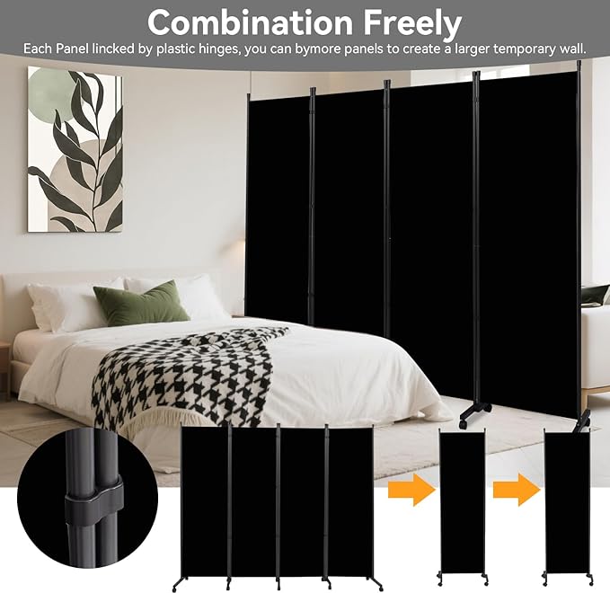 Room Divider (4 Panel) Wall Divider for Room Separation, 88 inch Wide Portable Privacy Screens W/Wheels, Metal Frame Freestanding Room Separators 5.6FT Room Partitions and Dividers