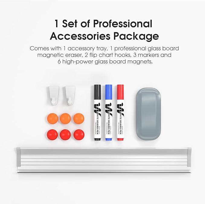 MaxGear Glass Whiteboard Tempered Magnetic Dry Erase Board 60 x 40 Inch Ultra White, Frameless Wall Mounted, Office Classroom Conference Room Home Use, Includes Markers, Eraser, Magnets & Mounting Kit