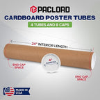 4" x 24" Reinforced Kraft Paper Mailing Tubes, Pack of 4 Tubes with 2 Caps Each – USPS Approved Poster Tube – Made in USA Cardboard Tube for Shipping and Storing Posters, Prints, Artwork, or Documents