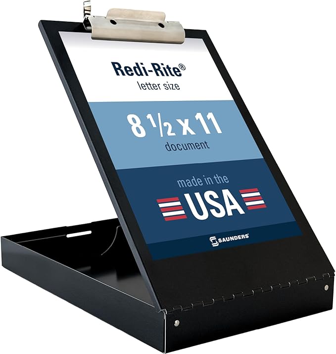 Saunders Metal Clipboard with Storage, Black Single Layer Nursing Clipboard Folio, Letter Size Paper Organizer, Steel Clip with Self Locking Latch, Form Holder for Office, School & Work - Made in USA