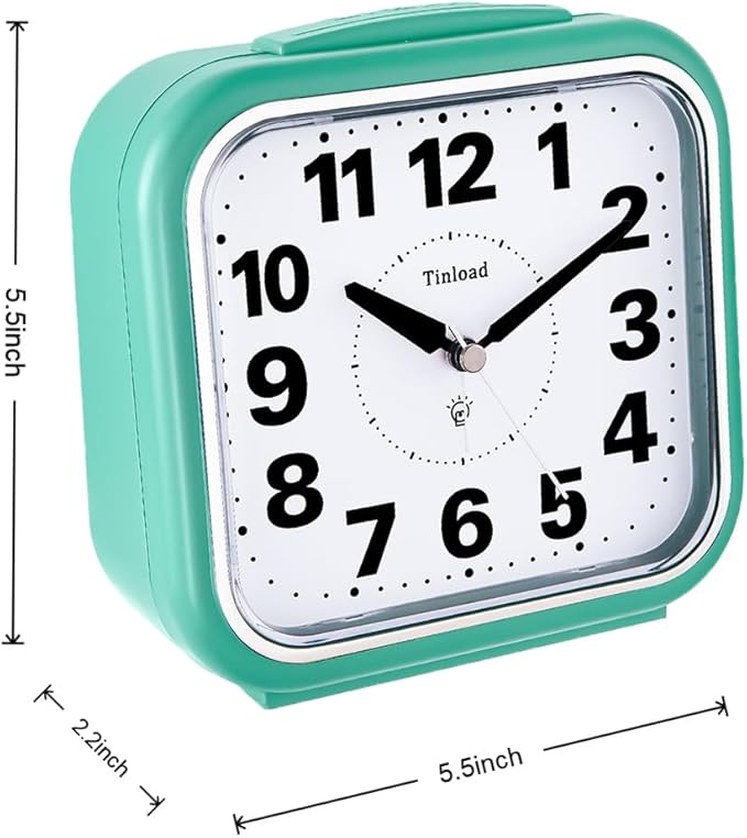 Tinload 5.5" Large No Ticking Analog Alarm Clock,Silent Readable for Seniors,Easy to Set,Gradual Rise Alarm,Big Numbers,Gentle Wake,Snooze, Lighted on Demand,Battery Operated,Green