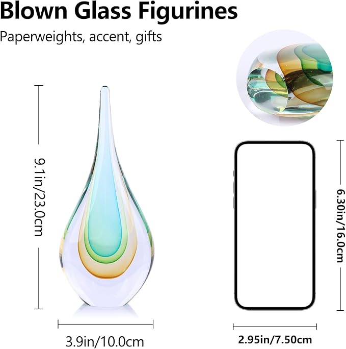 9" Tall Sculpture Hand Blown Glass Decor, Paperweight for Office Desk, Modern Glass Art Figurines Mediterranean Beach House Decor, Living Room Coffee Shelves Table Top Decoration (Light Green)