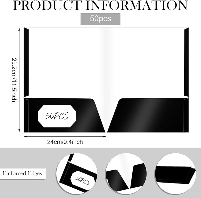 Jutom 50 Pcs 2 Pocket Glossy Paper Folders Glossy Paper Laminated Portfolios, Letter Size, Presentation Folders with Pockets for Office Teacher Worker Supplies(Black Color)