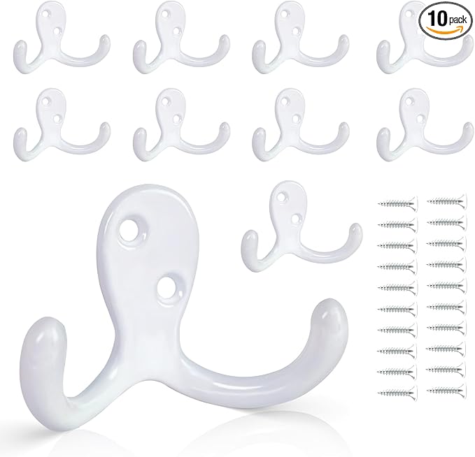 CBWLWJ 10 Pack Coat Hooks Wall Hooks for Hanging, Heavy Duty Double Prong Metal Hook Wall Mounted for Living Room, Bathroom, Kitchen, Bedroom for Coat, Bag, Scarf, Towel, Hat, Key, Cup (White)
