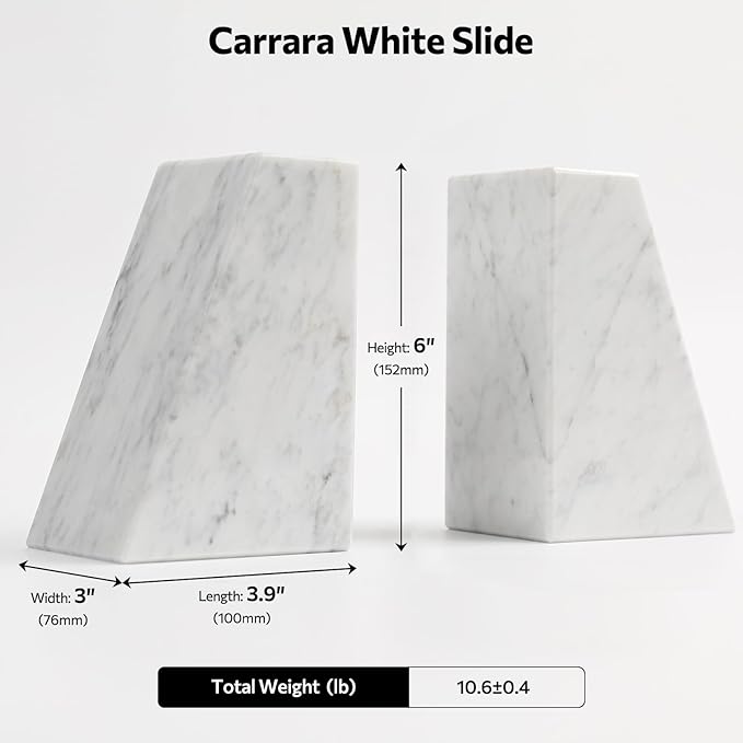 Faticdorr Luxury Marble Bookends for Shelves, 11LB Heavy Duty Marble Book Ends for Heavy Books, Stone Bookends Decorative, Polished, Carrara White Triangular, Set of 2