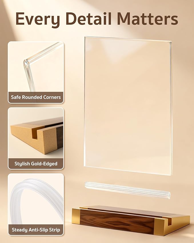3 Pack Acrylic Sign Holder 8.5 x 11 Inch with Walnut Wood Base, Clear Tabletop Acrylic Display for Menu & Flyer Holder, Commercial Paper Stand for Restaurant, Office, Coffee, Bar, Wedding, Hotel