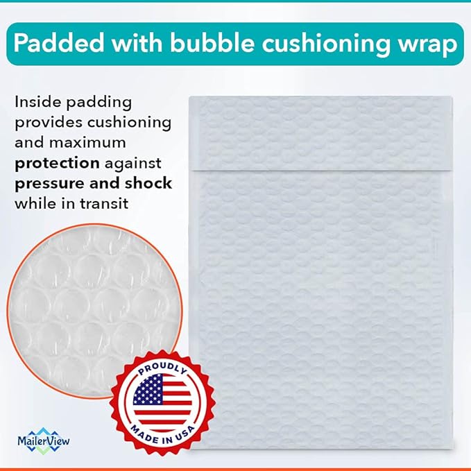White Large Poly Bubble Mailers 9.5x14.5 inch #4 | Self Seal Padded Envelopes Cushioned Bubble Mailer | Usable Size 9.5x13.5 | WaterProof | Lightweight mailing Shipping Bags | 100 Pack Bulk | USA Made