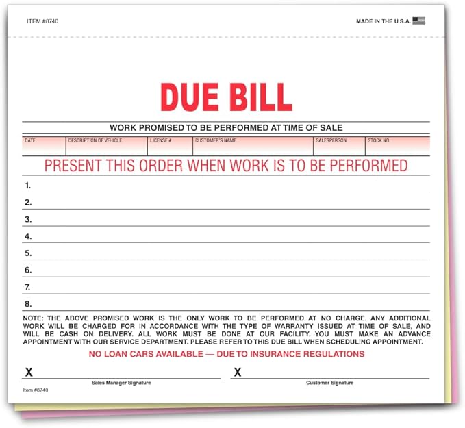 Vehicle Due Bill Form - 3-Part Carbonless Snap-Out 8.5 x 7.75 Car Dealership Service Agreement Forms, Auto Repair Vehicle Documentation Forms NCR - White, Canary, Pink - Pack of 100