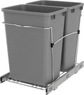 Rev-A-Shelf Double Pullout Trash Can for Kitchen Cabinets 35 Qt Garbage Recycling Bin on Full-Extension Slides, Silver, RV-18KD-17C S