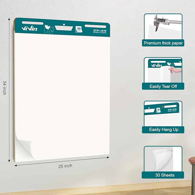 ViVin Super Sticky Easel Pad, 25 x 30 Inches Flip Chart Paper for Teachers, Large Self Stick Easel Paper, Teacher Anchor Chart, 30 Sheets/Pad, 6 Pads/Pack