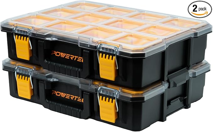 POWERTEC Small Parts Organizer & Tool Box – 10 Compartments, IP65 Water & Dust Protection, Stackable Storage with Interlocking Latch, Removable Tray, Clear Lid, Portable Design, 2-Pack (72365-P2)
