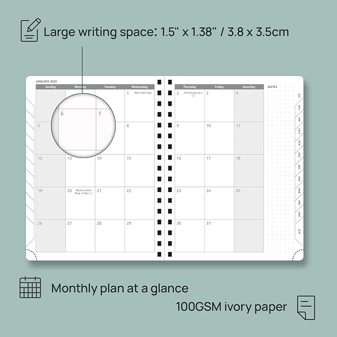 POPRUN Planner 2025-2026 (Medium - 6.5'' x 8.5'') Academic Weekly Calendar (July 2025 - June 2026) with Hourly Time Slots, Monthly Tabs, 100GSM Thick Papers, Spiral Leather Cover - Blue Green