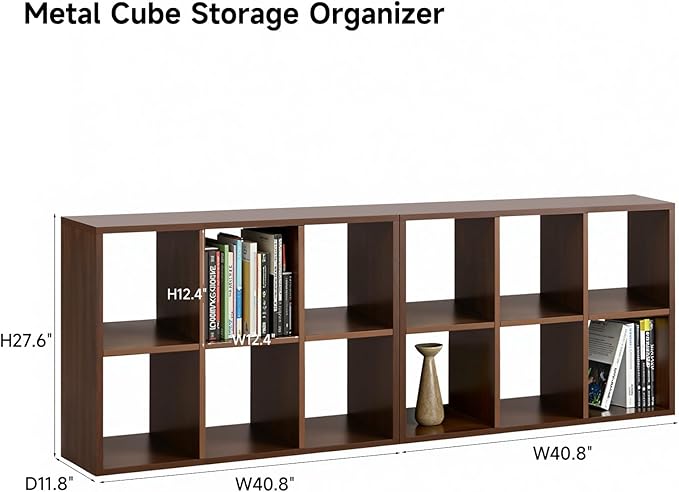 IRONMIX Metal 6 Cube Storage Organizer, Modern Short Bookshelf, 2 Tier Horizontal Bookshelf Cube Shelf, TV Stand with Storage, Cabinet Display Case for Home Office Library (Dark Wooden, 1037-2 Set)
