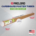 Paclord 2" x 48" Reinforced Kraft Paper Mailing Tube, Pack of 6 Tubes with 12 Caps – Secure USPS Approved Poster Tube – Cardboard Tube for Shipping and Storing Posters, Prints, Artwork, or Documents