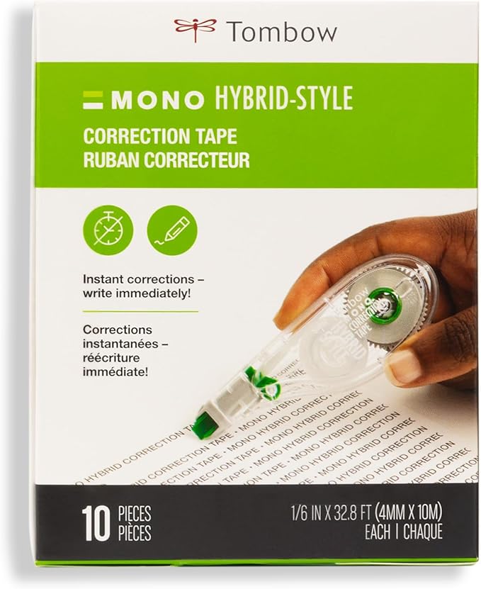 Tombow 68721 MONO Hybrid Correction Tape, 10-Pack. Easy To Use Applicator for Instant Corrections