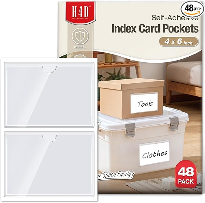 H4D 48 Pack Labels for Storage Bins, 4" x 6" Plastic Clear Adhesive Index Card Holders, Tote Label Pockets for Organizing Storage, Library Card, Shelves