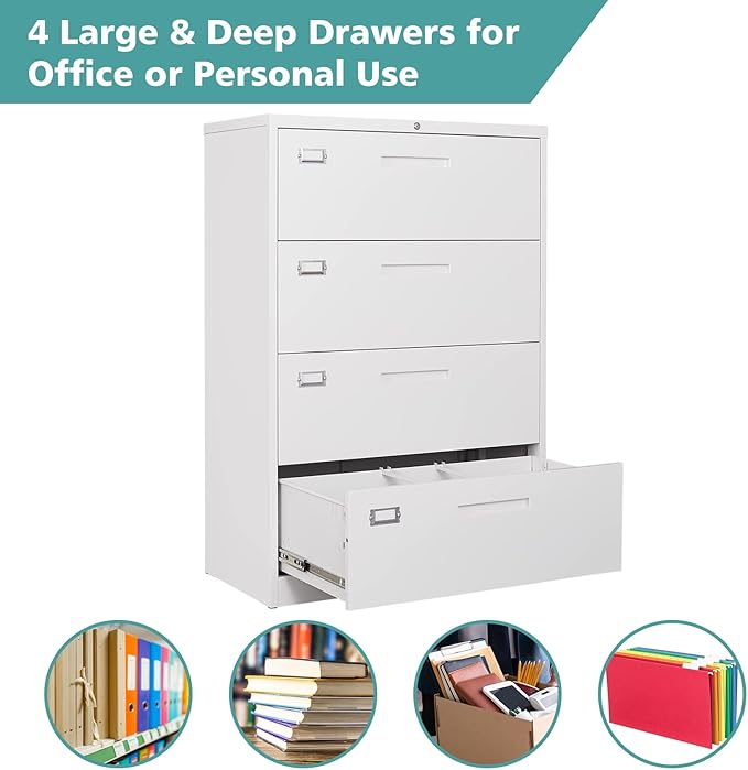 MIIIKO 4 Drawer Lateral File Cabinet with Lock, Black Office Filing Cabinet with Lock, Metal Horizontal Storage Cabinet with Large Drawers for Hanging Letter Legal File Folders