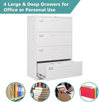 MIIIKO 4 Drawer Lateral File Cabinet with Lock, Black Office Filing Cabinet with Lock, Metal Horizontal Storage Cabinet with Large Drawers for Hanging Letter Legal File Folders