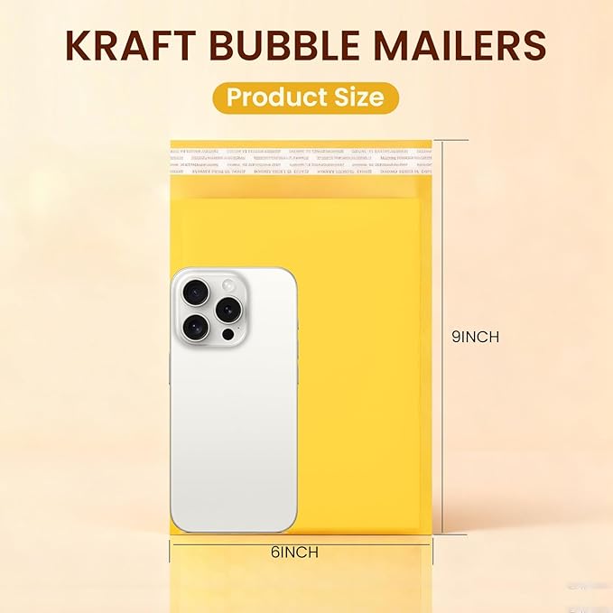 Yellow Kraft Bubble Mailers 6x9 Inches (50 Packs) Self-Seal Padded Shipping Envelopes Bags for Packaging, Water-Resistant Bubble Mailer for Ecommerce Shipping
