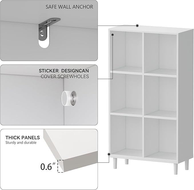 Chyanmoo Wood Cube Storage Organizer White Bookshelf - 3-Tier Freestanding Storage Cabinet with Legs for Home Office, 6-Cubes Open Shelf