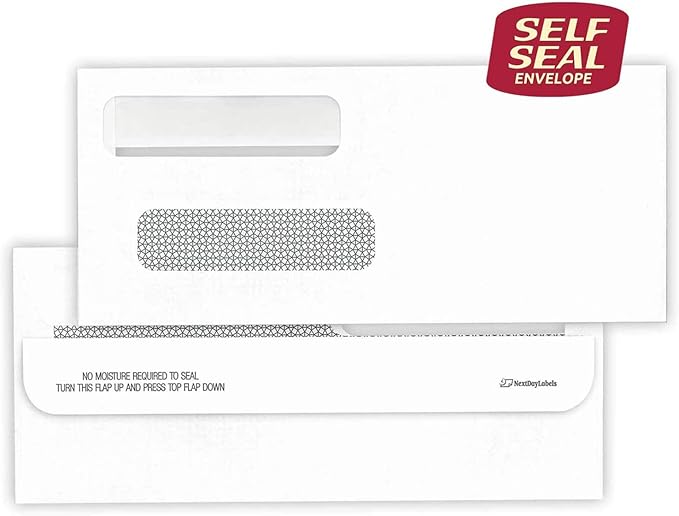 NextDayLabels #8 Double Window Check Envelopes - 100 Pack Ready-Seal Business Envelopes with Security Tint - Self-Sealing Envelopes with Window for Laser Printed Checks - Made in USA