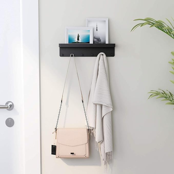 MKO Key Holder Wall Mount, Key Holder Wall Mount Adhesive with Mail Organizer Tray with 6 Key Hooks for Wall, Black