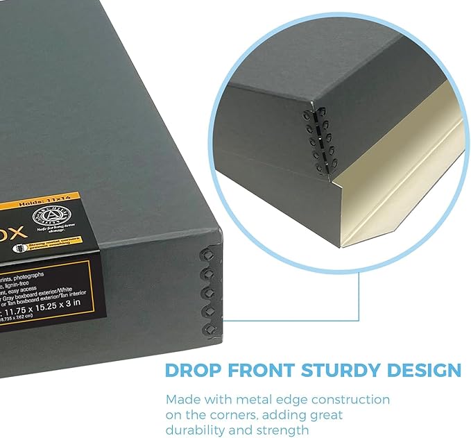 Lineco Museum Storage Box, Archival Acid-Free Buffered Drop Front Design with Metal Edges, 11x14x3 Inches, Photo Organizer Preservation Box, Gray