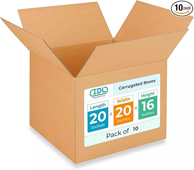 Extra Large Shipping & Moving Boxes 20x20x16 inches (10-Pack) - Extra Strength 200 lb vs Regular - Corrugated Shipping Boxes - Large Packing Box for Moving - Heavy Duty Box by IDL Packaging